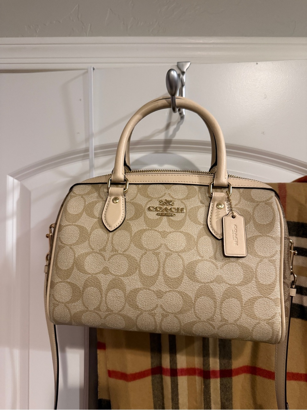 Coach Beige Signature Canvas Satchel with Leather Trim